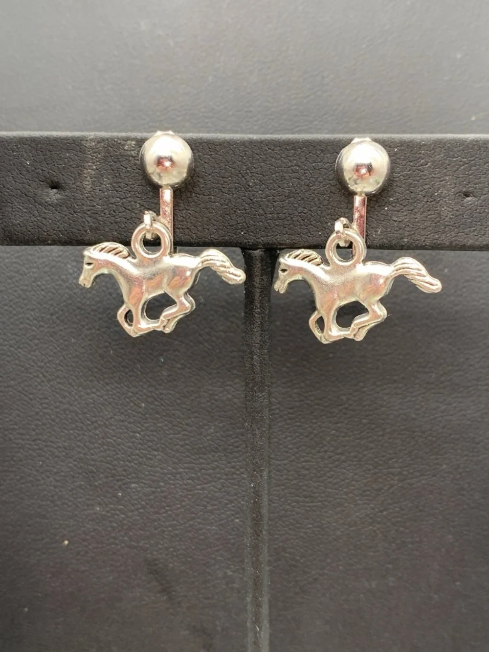 Silver tone galloping Horse Dangle clip on Earrings - western horse clip on